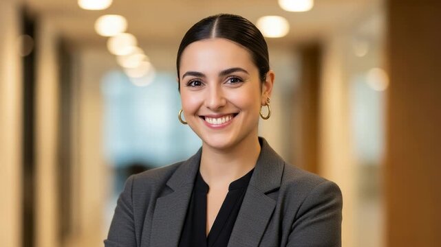 A confident businesswoman with dark hair pulled back smiles warmly, wearing a gray blazer and hoop earrings, standing in a modern office hallway with blurred lights