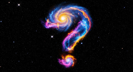 Cosmic nebula forming question mark shape, swirling colors of blue, pink, orange against black space background, symbolizing mystery and the unknown