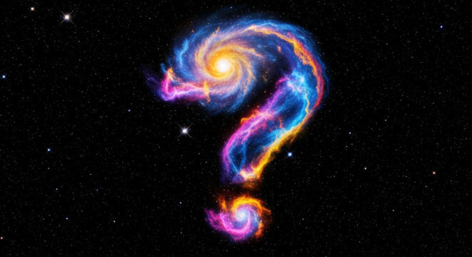 Cosmic nebula forming question mark shape, swirling colors of blue, pink, orange against black space background, symbolizing mystery and the unknown