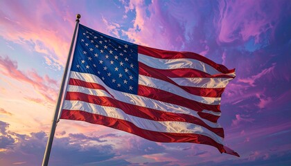 American flag waving in vibrant sunset sky