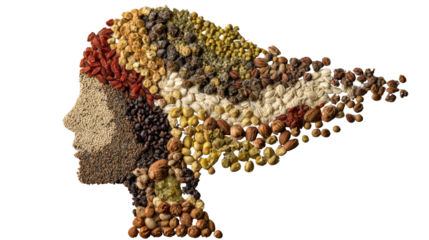 Profile silhouette created from colorful grains and seeds, showcasing diversity in natural materials.