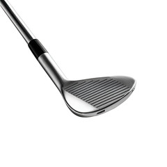 Close-up of a golf club wedge, metallic gray head and shaft, black joint