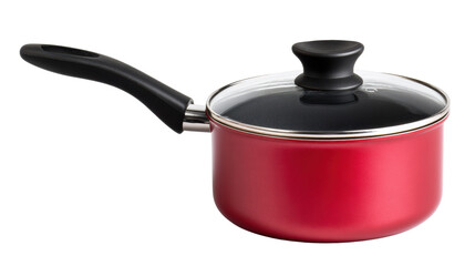 Red saucepan with a black lid, perfect for cooking delicious meals, isolated on a white background.