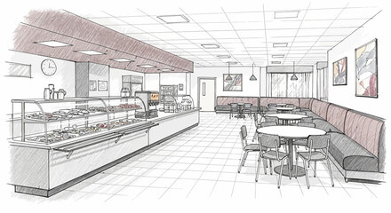 Skeletal Drawing of a Spacious Cafeteria with Food Display and Dining Area
