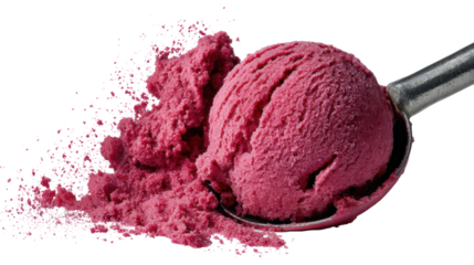 Scoop of vibrant raspberry sorbet with pink texture on isolated background.