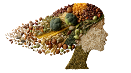 Silhouette of a head filled with various healthy foods, symbolizing nutrition and wellness.