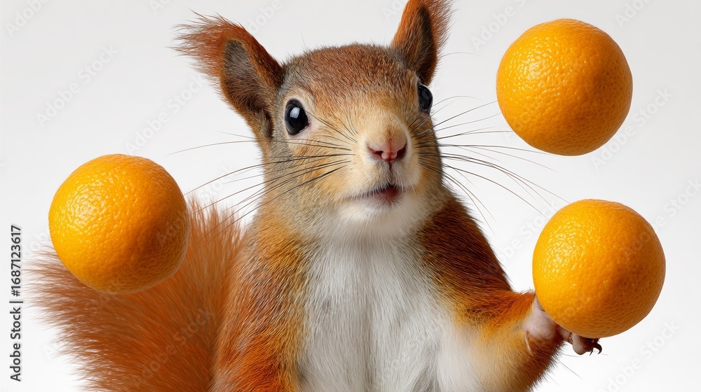 Poster a squirrel is holding three oranges in its paws and balancing them on its head. concept of playfulne