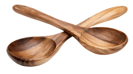 Two elegant wooden spoons crossed on a white background, showcasing craftsmanship and style.