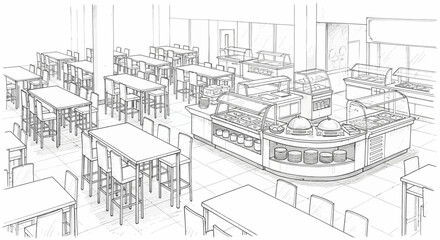 Obraz premium Sketch of a brightly lit cafeteria layout with serving stations and tables