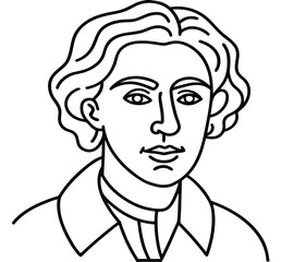 Smiling black and white cartoon vector art of a business person's head and shoulders