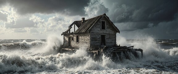 A dilapidated wooden house stands precariously on a rocky shore as massive waves crash against it, under a dramatic sky filled with dark clouds and scattered sunlight 