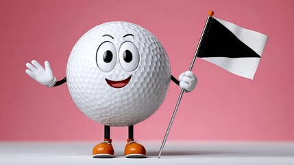A cartoon golf ball with a flag in its hand. The flag is black and white. Scene is lighthearted and fun