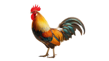Vibrant rooster with colorful feathers, standing proud against a white isolated background.