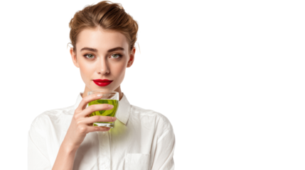Young woman with green drink, fashionable attire, fresh look, relaxed expression, vibrant lifestyle.