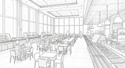 Fototapeta premium Sketch of an expansive cafeteria, bathed in natural light with diverse patrons