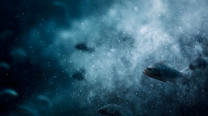 Fototapeta premium A solitary fish swims through a dark particle filled underwater world