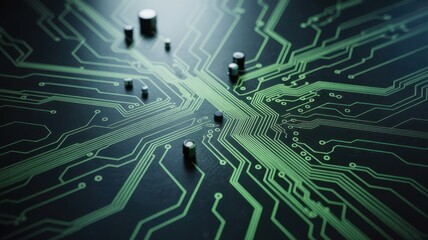 Obraz premium Close-up of a glowing green circuit board with intricate pathways and components technology electronics