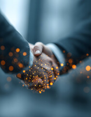 Fototapeta premium Two business people shake hands, partnership, trust, global connection. Digital network background with glowing nodes represents economic trade, collaboration, future growth. Image signifies