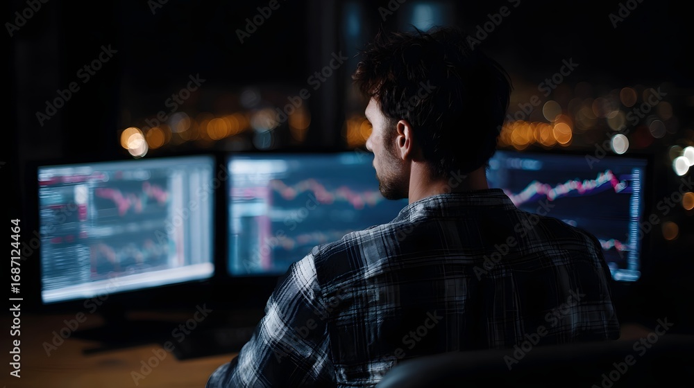 Poster man intensely focused on multiple computer screens displaying financial data graphs at night with ci