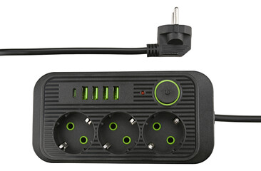 Modern electrical plug power strip 3 Outlet Long Extension Cord 4 USB Port and type-c isolated on a...