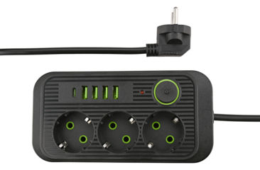 Modern electrical plug power strip 3 Outlet Long Extension Cord 4 USB Port and type-c isolated on a transparent background. Full depth of field. PNG.