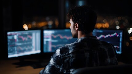 Man intensely focused on multiple computer screens displaying financial data graphs at night with city lights in the background