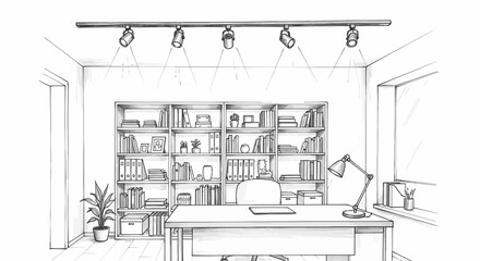 Sophisticated home office sketch with bookshelf and directional lighting
