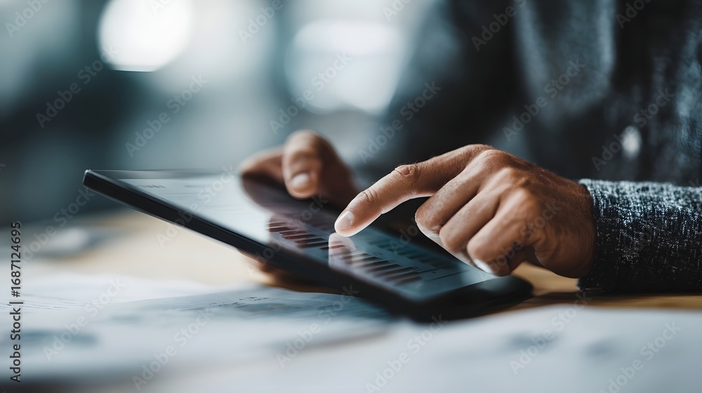 Poster hands interact with a digital tablet displaying financial data and charts in a professional setting