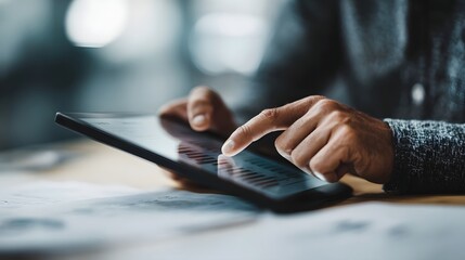 Hands interact with a digital tablet displaying financial data and charts in a professional setting