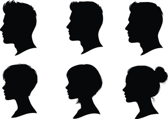 Black human side profile silhouettes, faceless man and woman heads, diverse hairstyle portraits, anonymous avatar collection, vector outline shadow illustration