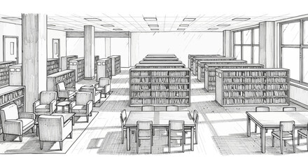 Stylized rendition of an academic library interior, illustrated with detail