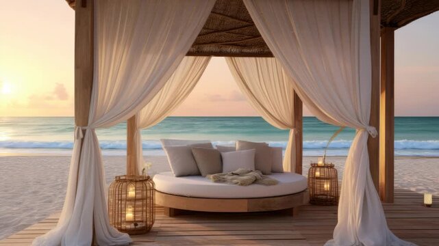 A serene beachside cabana with flowing curtains, captured at eye level. Ideal for a relaxing video backdrop, showcasing tranquil ocean views. Live desktop wallpaper.