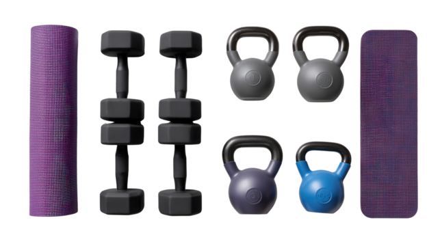 Premium Fitness Equipment: A flat lay of premium fitness equipment like dumbbells, kettlebells, and a yoga mat, isolated on a Transparent background, PNG file.