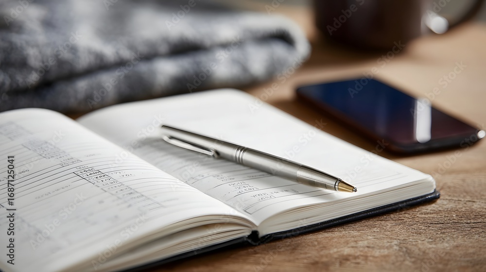 Poster pen resting on an open notebook with financial data beside a smartphone suggesting personal finance 