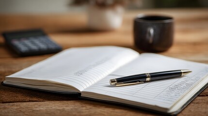 Pen on open notebook with calculator and coffee cup on a wooden desk symbolizing financial planning and work