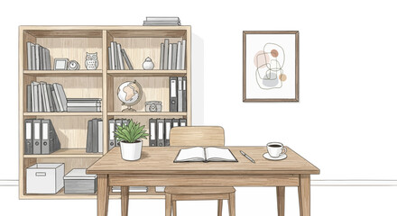 Obraz premium Warm and inviting study room with bookshelf and abstract wall art design