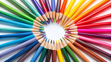 Colored Pencils Pointing Towards Center on White