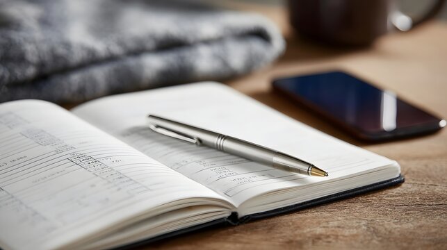 Pen resting on an open notebook with financial data beside a smartphone suggesting personal finance and planning