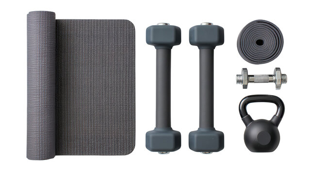 Premium Fitness Equipment: A flat lay of premium fitness equipment like yoga mats, dumbbells, and kettlebells, isolated on a Transparent background, PNG file.