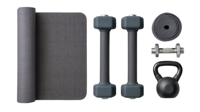 Premium Fitness Equipment: A flat lay of premium fitness equipment like yoga mats, dumbbells, and kettlebells, isolated on a Transparent background, PNG file.