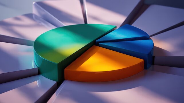 Colorful 3D Pie Chart Segments on a Textured Surface with Shadows graphic data