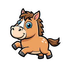 A cheerful cartoon horse is depicted running with a happy expression, isolated on white.