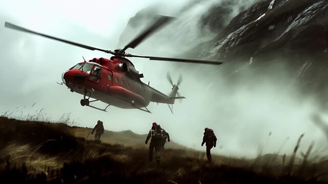 Rescue team in mission. A vivid, actionpacked scene featuring a red helicopter hovering above a mountainous landscape. The helicopter is captured in a dynamic pose.