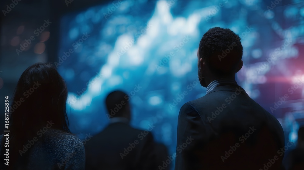 Poster people watching a large digital display showing global data