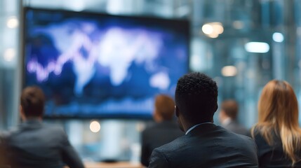 Fototapeta premium Professionals observing a large screen displaying global markets performance during a business meeting