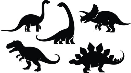 Dinosaur silhouette vector set, prehistoric creatures illustration, black dino icons collection, Jurassic animals clipart, extinct reptiles isolated graphic