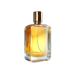 Amber-gold perfume bottle, rectangular shape, clear glass, golden cap