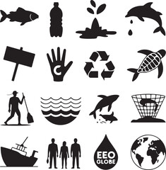 Environmental conservation and pollution protest icons Keywords: fish, plastic bottle, water