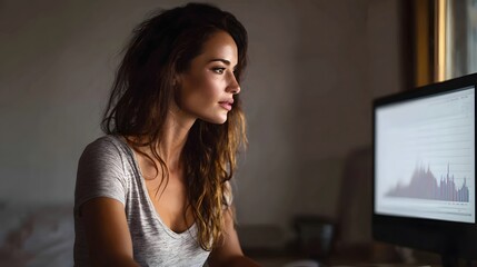 A woman intently analyzes financial data on a computer screen working quietly in her home office