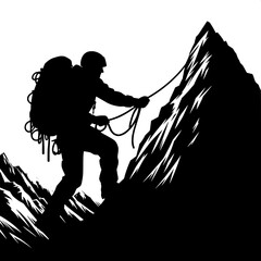 Black and White Vector Silhouette of Mountain Rescue Climber